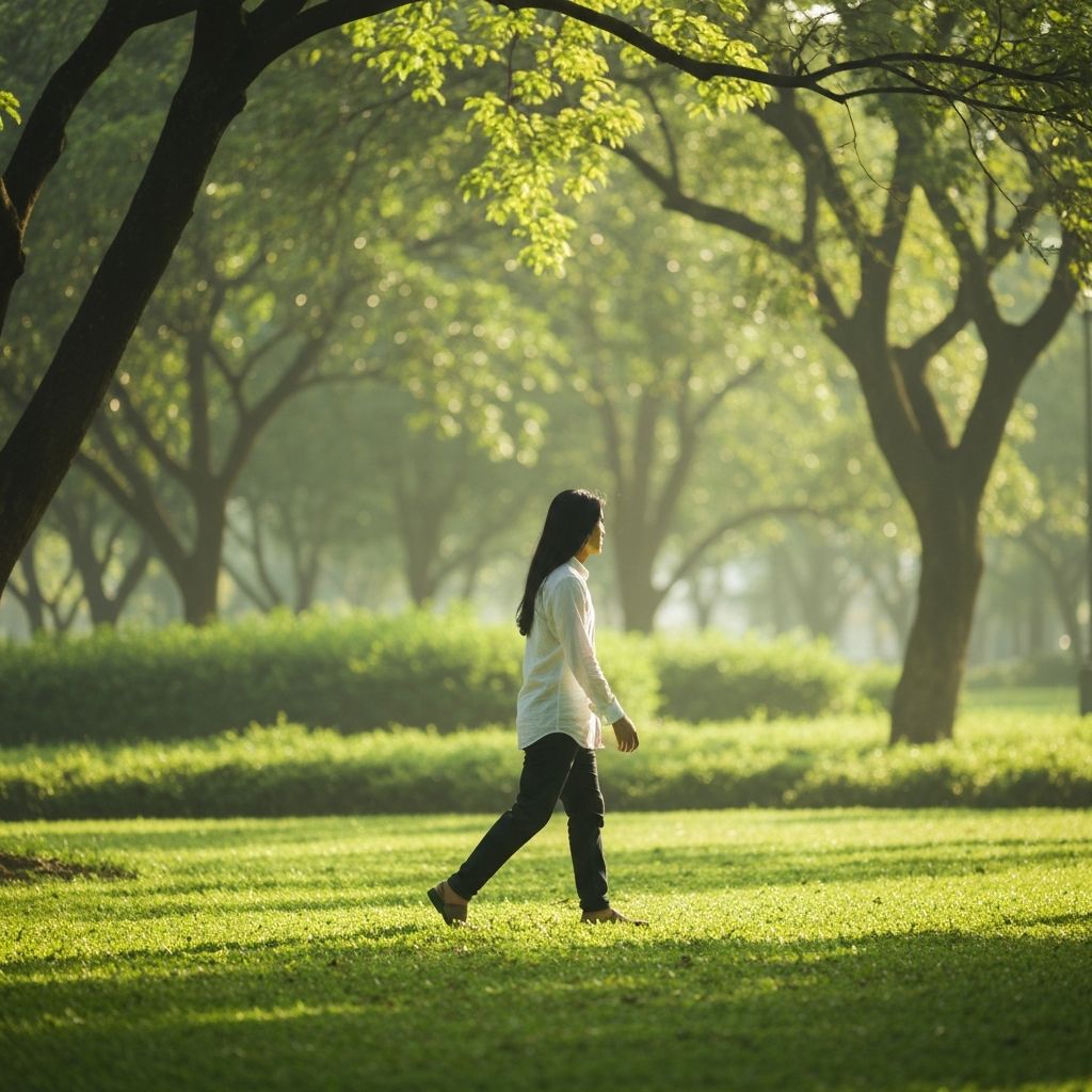 Person walking in a green park in soft morning light