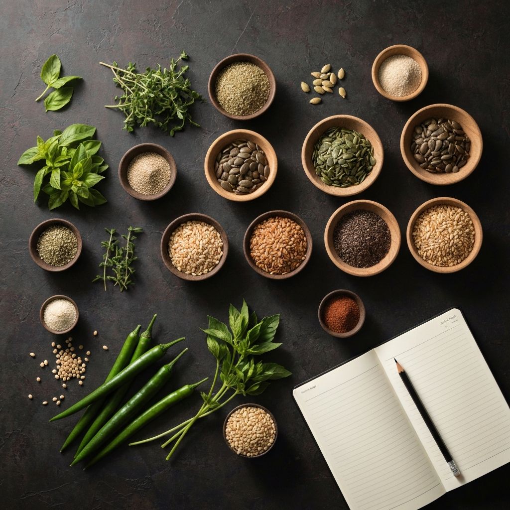 An organised flat lay of whole foods, herbs, and grains representing the breadth of nutritional topics covered in the archive