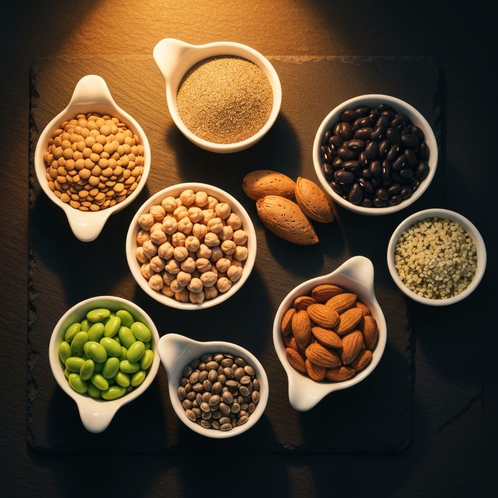 Various plant-based protein sources including lentils, chickpeas, and nuts arranged in bowls