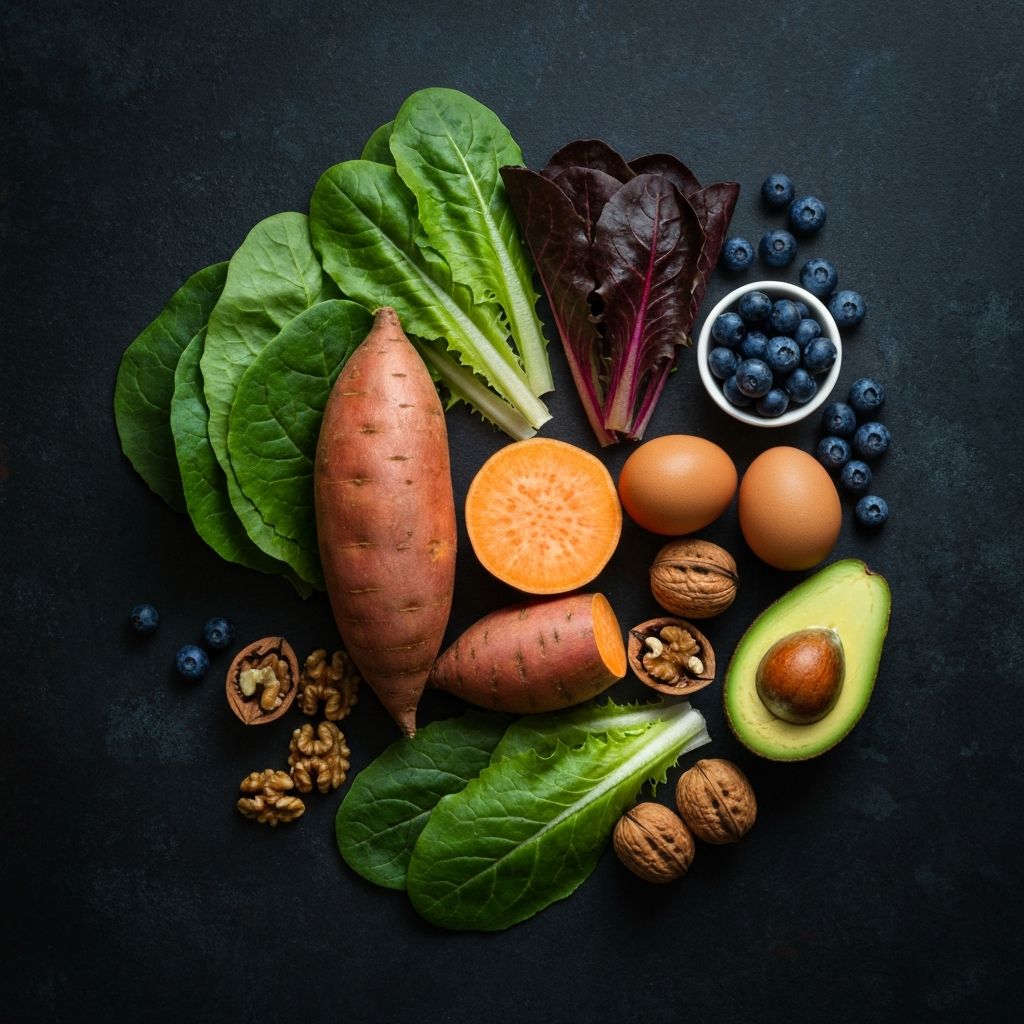 Colourful nutrient-rich foods including leafy greens, berries, and walnuts