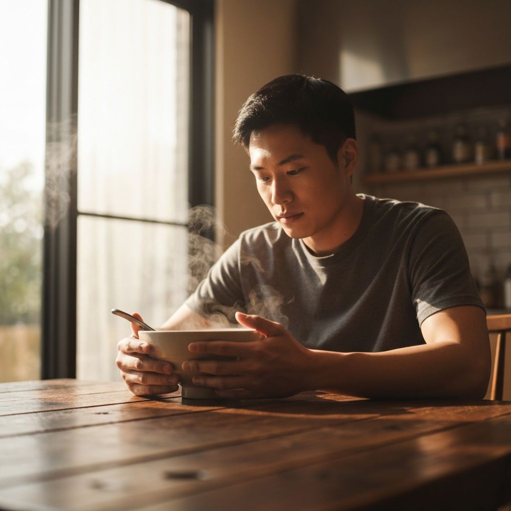 A person seated calmly at a table with a bowl of food, representing mindful eating